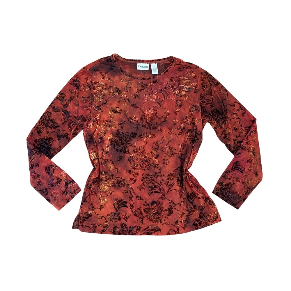 VTG y2k burnt orange velvet burnout floral longsleeve‎ fairycore dark romantic